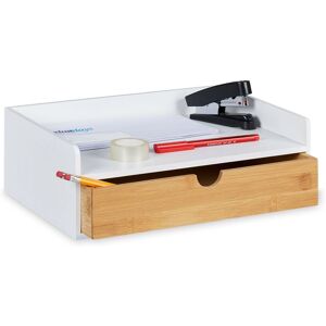 Relaxdays Desk Organiser, 1 Drawer, DIN A4 Shelf, Bamboo, HxWxD: 11 x 32 x 22 cm, Office Organiser, White/Natural