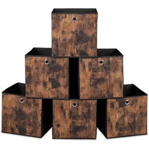 Relaxdays Fabric Storage Cubes, Set of 6, HxWxD: 33x33x33 cm, Wood Effect, Foldable, Shelf Organiser Boxes, Black/Brown