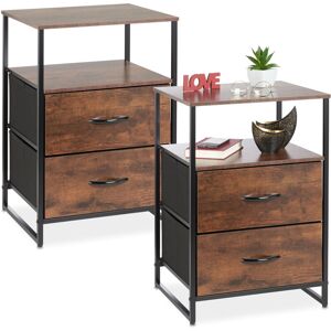 Industrial Bedside Table, Set of 2, hwd: 70 x 45 x 42.5 cm, 2 Drawers, Nightstand for Bedroom, Black/Brown - Relaxdays