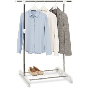 Relaxdays mobile coat stand with shelf, height adjustable 97–165 cm, width 92–160 cm, silver/white