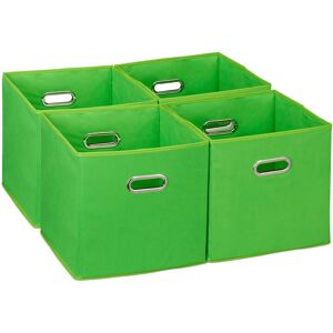 Relaxdays - Set of 4 Storage Box, Foldable Shelf Baskets, 30 x 30 x 30 cm, Handle Holes, Foldable Organiser Bins, Green