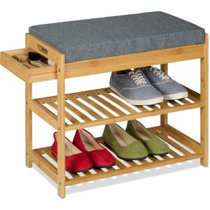 Relaxdays Shoe Bench, Footwear Rack, Padded Seat with Drawer, 2 Tiers, 49 x 55 x 30 cm, Bamboo & Linen, Natural/Grey