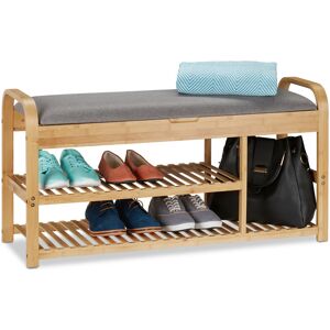 Relaxdays - shoe bench with seat, ample storage room, shoe rack, ottoman, bamboo, 2 shelves, natural finish/grey