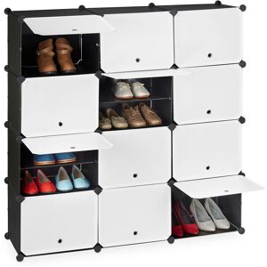 Relaxdays Shoe Cabinet, Storage with Doors, HWD: 125x125x32 cm, 24 Compartments, Plastic Shelving System, Black&White