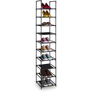 Shoe Rack, 10 Tiers, Narrow Metal Frame, Fabric Levels, Plug Together, Organise, Hallway Storage, Black/Grey - Relaxdays