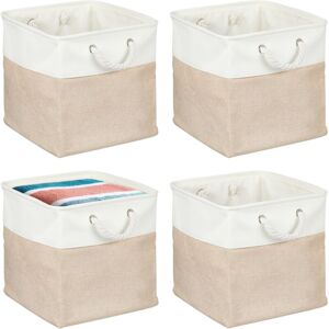 Relaxdays Storage Basket, Set of 4, Linen, with Rope Handles, 33x33x33 cm, for Clothes and Toys, Shelf Box, Beige/White