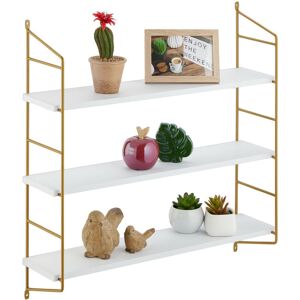 Relaxdays - Wall Shelf, HxWxD: 60 x 60 x 15 cm, Suspended 3 Shelves, mdf & Iron, Hanging, Living Room, White/Gold