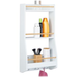 Relaxdays Wall Shelf, HxWxD: 75 x 38.5 x 17.5 cm, 6 Hooks, Slim Shelving, Kitchen & Bathroom, MDF, Bamboo, White/Natural