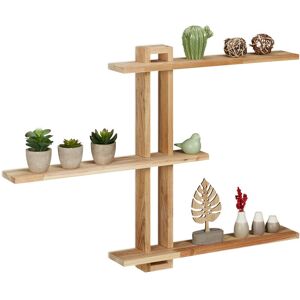Wall Shelf, Walnut Wood, hwd: 56 x 80 x 9 cm, Decorative Hanging Rack, Rustic, with 3 Levels, Tiered, Natural - Relaxdays