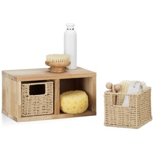 Relaxdays Walnut Wall Shelf Set of 2, with 2 Removable Baskets, for Bathroom, Kitchen or Living Room, Natural Finish