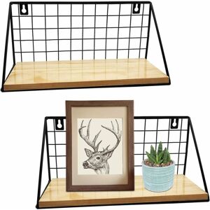 BSR Set of 2 Rustic Wall Mounted Floating Wall Shelves, Modern Wooden Wall Mounted Storage Shelves with Metal Grid for Home Decor, Bathroom, Living Room,