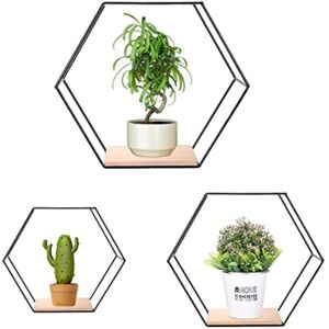 Héloise - Set of 3 Hexagon Wall Shelves, Black Floating Shelves, Metal and Wood Hanging Shelves for Bedroom Bathroom Living Room Kitchen, Laundry