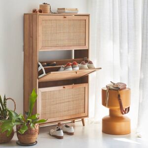 Sweeek - Shoe cabinet with wooden and cane effect, Boheme, Natural, 75x26x131 cm