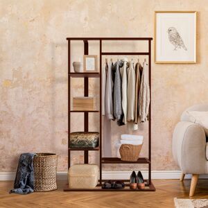 UNHO 6 Tier Ladder Strong Wooden Clothes Rail Garment Rack with Top Rod Hanging Shelf