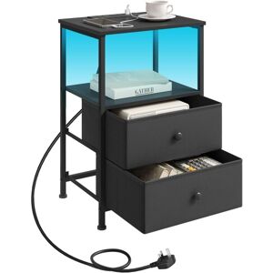 1x End Table with Charging Station, 2 Drawers Cabinet and 1 Open Shelf, Side Table for Living Room, Black - Woltu