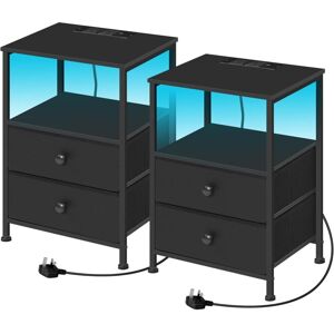 2x End Table with Charging Station, 2 Drawers Cabinet and 1 Open Shelf, Side Table for Living Room, Black - Woltu