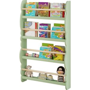 Wall White Wood 4 Tiers Kids Storage Shelving Bookcase Rack Green - Woltu