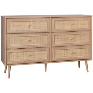 Sweeek - 6-drawer chest with wood and cane effect, Boheme, Natural, 120x39x79 cm