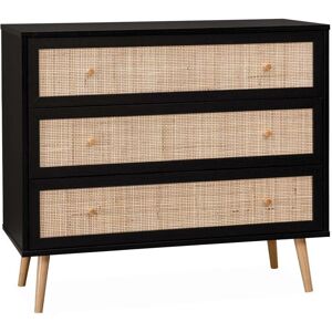 SWEEEK 3-drawer chest with wood and cane effect, Boheme, Black, 90x39x79 cm