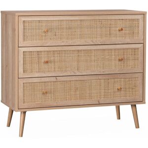 Sweeek - 3-drawer chest with wood and cane effect, Boheme, Natural, 90x39x79 cm