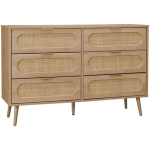 Sweeek - Wood and rounded cane chest of drawers, 6 drawers, Eva, Natural, 120x39x79 cm