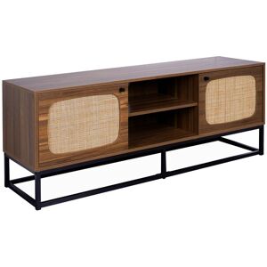 SWEEEK 140cm TV unit wooden effect and rounded cane 2 doors, Retro, Natural, 140x40x55 cm