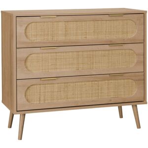 Sweeek - 3-drawer chest with wood and rounded cane rattan, Eva, Natural, 90x39x79 cm