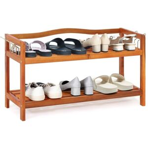 Costway - 2-Tier Wood Shoe Rack Solid Shoe Storage Shelf Organizing Unit w/ Side Hooks Costway - 2-Tier Wood Shoe Rack Solid Shoe Storage Shelf Organizing Unit w/ Side Hooks