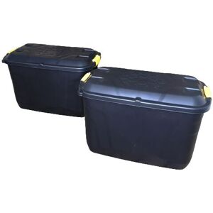 Samuel Alexander - 2 x 110L Heavy Duty Trunk on Wheels Sturdy, Lockable, Stackable and Nestable Design Storage Chest with Clips in Black Samuel Alexander - 2 x 110L Heavy Duty Trunk on Wheels Sturdy, Lockable, Stackable and Nestable Design Storage Chest with Clips in Black