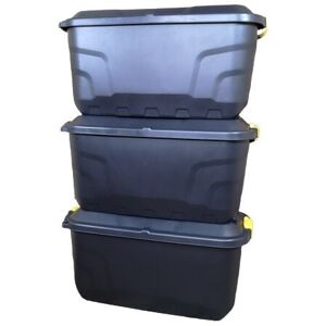 SAMUEL ALEXANDER 3 x 75L Heavy Duty Trunks on Wheels Sturdy, Lockable, Stackable and Nestable Design Storage Chest with Clips in Black SAMUEL ALEXANDER 3 x 75L Heavy Duty Trunks on Wheels Sturdy, Lockable, Stackable and Nestable Design Storage Chest with Clips in Black