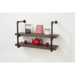 Home Source - Dark Oak 60cm Wall Mounted Twin Shelf Black Painted Pipe Brackets Wood Finish Home Source - Dark Oak 60cm Wall Mounted Twin Shelf Black Painted Pipe Brackets Wood Finish
