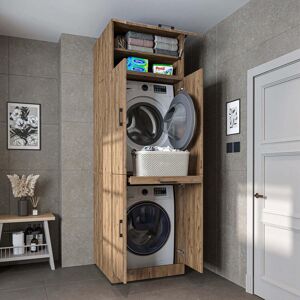 ROOMART Dora Washer and Dryer Stacker Cabinet with Double Doors, Pull-Out Basket Shelf and Overhead Storage, Oak Effect ROOMART Dora Washer and Dryer Stacker Cabinet with Double Doors, Pull-Out Basket Shelf and Overhead Storage, Oak Effect