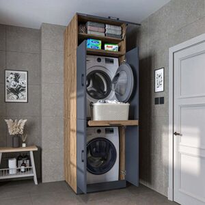 ROOMART Dora Washer and Dryer Stacker Cabinet with Double Doors, Pull-Out Basket Shelf and Overhead Storage, Oak Effect and Anthracite ROOMART Dora Washer and Dryer Stacker Cabinet with Double Doors, Pull-Out Basket Shelf and Overhead Storage, Oak Effect and Anthracite