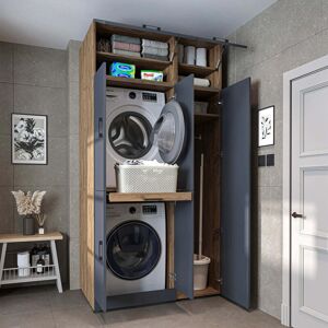 ROOMART Dora Washer and Dryer Stacker Cabinet with Double Doors, Pull Out Basket Shelf, Overhead Storage and Side Utility Cupboard, Oak Effect and Anthracite ROOMART Dora Washer and Dryer Stacker Cabinet with Double Doors, Pull Out Basket Shelf, Overhead Storage and Side Utility Cupboard, Oak Effect and Anthracite