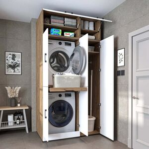 ROOMART Dora Washer and Dryer Stacker Cabinet with Double Doors, Pull Out Basket Shelf, Overhead Storage and Side Utility Cupboard, Oak Effect and White ROOMART Dora Washer and Dryer Stacker Cabinet with Double Doors, Pull Out Basket Shelf, Overhead Storage and Side Utility Cupboard, Oak Effect and White
