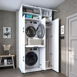 ROOMART Dora Washer and Dryer Stacker Cabinet with Double Doors, Pull Out Basket Shelf, Overhead Storage and Side Utility Cupboard, White ROOMART Dora Washer and Dryer Stacker Cabinet with Double Doors, Pull Out Basket Shelf, Overhead Storage and Side Utility Cupboard, White