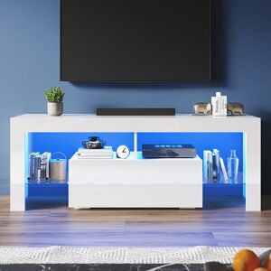 1400 mm Modern High Gloss tv Stands with led Lights tv Cabinet with 2 Glass Partitions, Large Storage Space Design, White - Elegant 1400 mm Modern High Gloss tv Stands with led Lights tv Cabinet with 2 Glass Partitions, Large Storage Space Design, White - Elegant