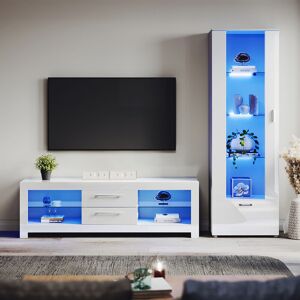 1600mm tv Stand Cabinet + Sideboard Display Cabinet Set with Multicolour led Lights White Gloss Storage Unit for Living Room Furniture Set 5 - Elegant 1600mm tv Stand Cabinet + Sideboard Display Cabinet Set with Multicolour led Lights White Gloss Storage Unit for Living Room Furniture Set 5 - Elegant