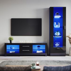 1600mm tv Stand Cabinet + Sideboard Display Cabinet Set with Multicolour led Lights Black Gloss Storage Unit for Living Room Furniture Set 5 - Elegant 1600mm tv Stand Cabinet + Sideboard Display Cabinet Set with Multicolour led Lights Black Gloss Storage Unit for Living Room Furniture Set 5 - Elegant