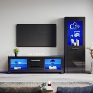 1600mm tv Stand Cabinet + Sideboard Display Cabinet Set with Multicolour led Lights Black Gloss Storage Unit for Living Room Furniture Set 2 - Elegant 1600mm tv Stand Cabinet + Sideboard Display Cabinet Set with Multicolour led Lights Black Gloss Storage Unit for Living Room Furniture Set 2 - Elegant