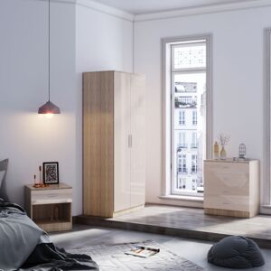 3 Piece Bedroom Furniture Sets, 2 Door Soft Hinge Wardrobe, 4 Drawer Chest of Drawers, Beside Cabinet, Cream/Oak - Elegant 3 Piece Bedroom Furniture Sets, 2 Door Soft Hinge Wardrobe, 4 Drawer Chest of Drawers, Beside Cabinet, Cream/Oak - Elegant
