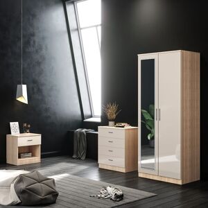 ELEGANT 3 Piece Bedroom Wardrobe with Mirror Furniture Sets, 2 Door Soft Hinge Mirrored Wardrobe, 4 Drawer Chest of Drawers, Beside Cabinet, Cream/Oak ELEGANT 3 Piece Bedroom Wardrobe with Mirror Furniture Sets, 2 Door Soft Hinge Mirrored Wardrobe, 4 Drawer Chest of Drawers, Beside Cabinet, Cream/Oak