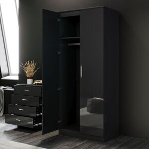 Modern High Gloss Wardrobe Black Bedroom Furniture 2 Doors Wardrobe with Metal Handles, Shelf and Mirror - Elegant Modern High Gloss Wardrobe Black Bedroom Furniture 2 Doors Wardrobe with Metal Handles, Shelf and Mirror - Elegant