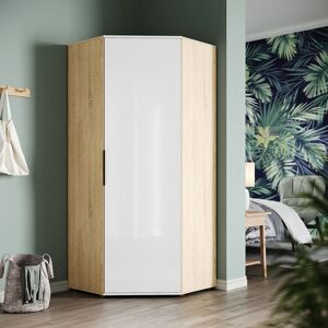 ELEGANT Corner Wardrobe Modern White/Oak High Gloss Wardrobe 80x80x186cm Bedroom Closet Storage, Space Saving Design with 2 Hanging Rails and 5 ELEGANT Corner Wardrobe Modern White/Oak High Gloss Wardrobe 80x80x186cm Bedroom Closet Storage, Space Saving Design with 2 Hanging Rails and 5