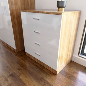 ELEGANT 4 Drawer Chest High Gloss White/Oak Bedside Cabinet with Metal Handles ELEGANT 4 Drawer Chest High Gloss White/Oak Bedside Cabinet with Metal Handles