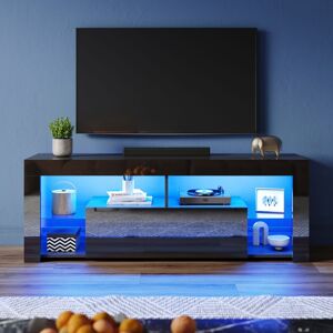 High Gloss tv Stand with led Lights, Floor Stand tv Unit with Open Glass Shelves and Flip-Down Door Compartment, Black, 1400x350x505mm - Elegant High Gloss tv Stand with led Lights, Floor Stand tv Unit with Open Glass Shelves and Flip-Down Door Compartment, Black, 1400x350x505mm - Elegant