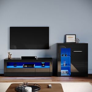 Elegant - Living Room Set Modern High Gloss Fronts with led Light, 1200mm tv Stand, Display Cabinet with Glass Shelf Sideboard Cupboard, Black Elegant - Living Room Set Modern High Gloss Fronts with led Light, 1200mm tv Stand, Display Cabinet with Glass Shelf Sideboard Cupboard, Black