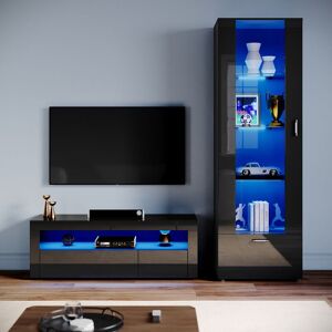 Living Room Set Modern High Gloss Fronts with led Light, 1200mm tv Stand, Display Cabinet with Glass Shelf Tall Storage Cabinet, Black - Elegant Living Room Set Modern High Gloss Fronts with led Light, 1200mm tv Stand, Display Cabinet with Glass Shelf Tall Storage Cabinet, Black - Elegant