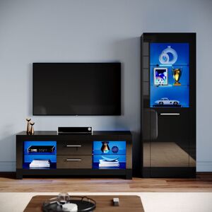 ELEGANT Living Room Set Modern High Gloss Fronts with LED Light, 1300mm TV Stand, Display Cabinet with Glass Shelf Bookcase, Black ELEGANT Living Room Set Modern High Gloss Fronts with LED Light, 1300mm TV Stand, Display Cabinet with Glass Shelf Bookcase, Black