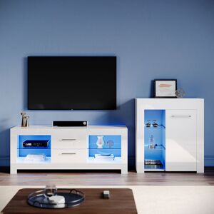 Living Room Set Modern High Gloss Fronts with led Light, 1300mm tv Stand, Display Cabinet with Glass Shelf Sideboard Cupboard, White - Elegant Living Room Set Modern High Gloss Fronts with led Light, 1300mm tv Stand, Display Cabinet with Glass Shelf Sideboard Cupboard, White - Elegant